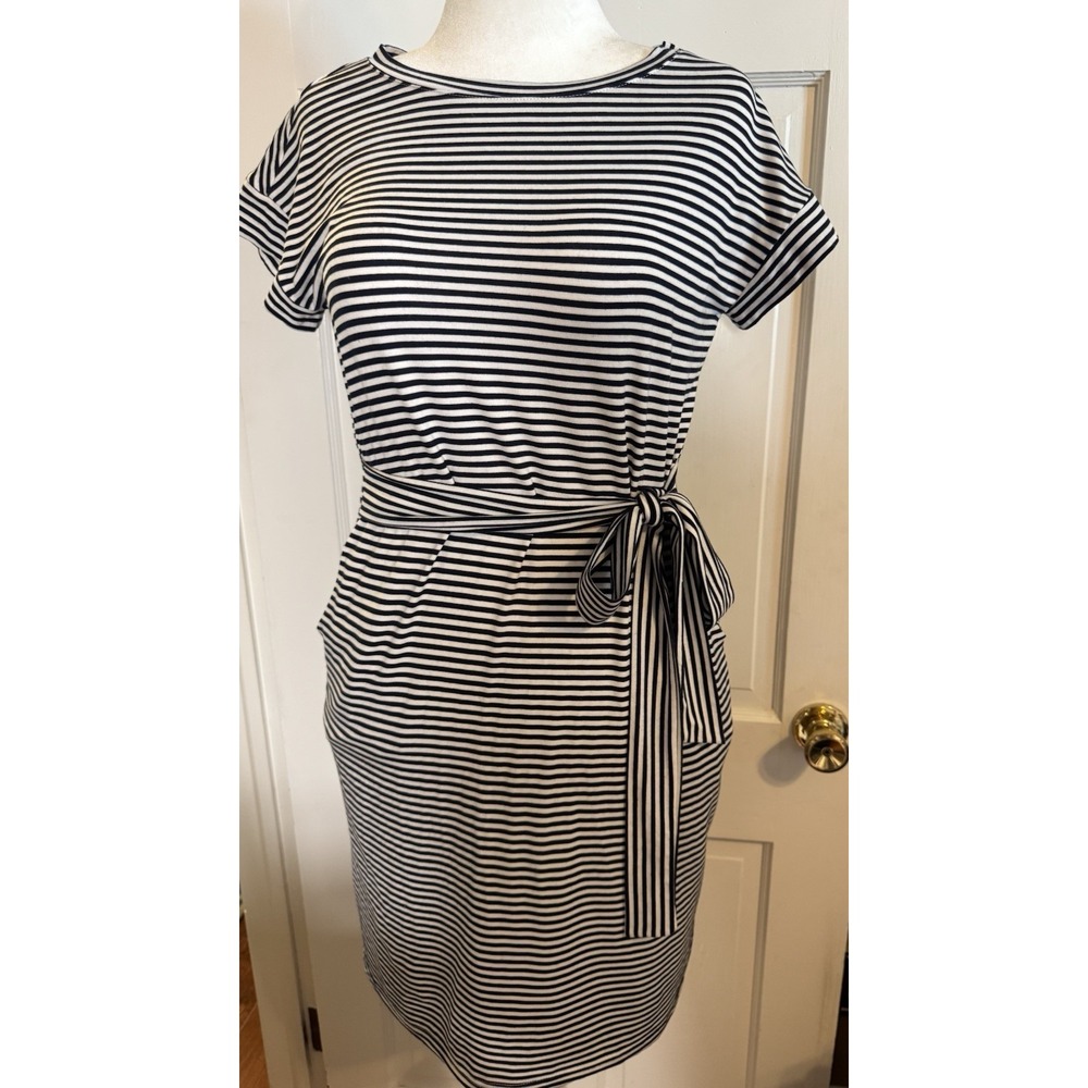 Ladies Merokeety Striped Tie Front Pocket Above Knee Summer Dress Med Blk/wh